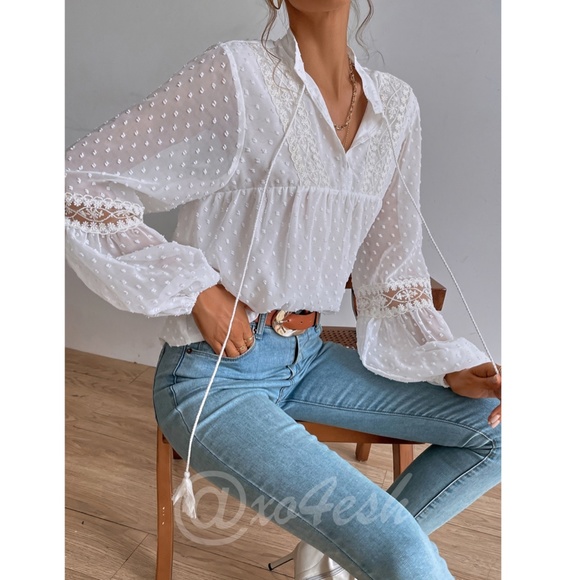 White Blouse Shirt Lantern Sleeves Tassel Ties French Style V-Neck Lace Detail - Picture 4 of 9